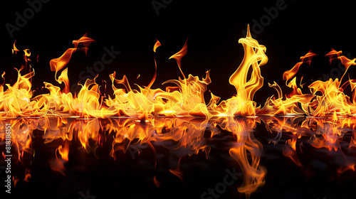 reflected flames on a black background, heat, fire, banner concept