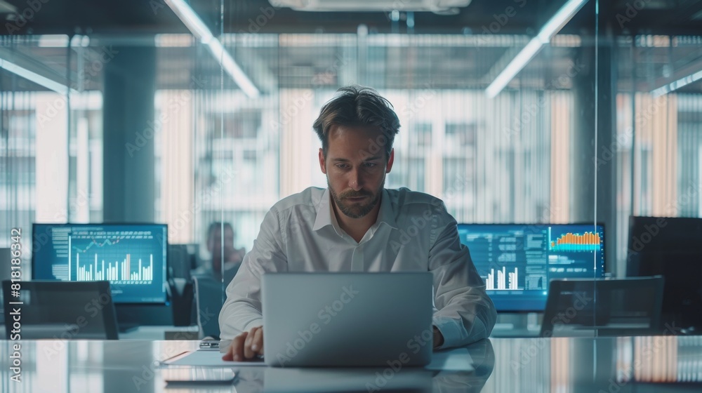 A businessman in a spacious office, analyzing detailed business diagrams and finance market graphs on his laptop A businessman in a spacious office, analyzing detailed business diagrams and finance market graphs on his laptop