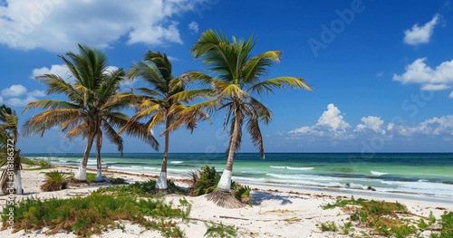 tropical beach scene  palm trees  blue sea  and white sand  travel agent  holiday  concept