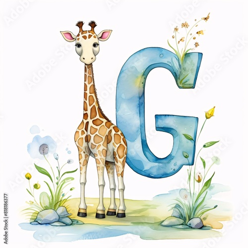 Font design for the letter G with giraffe. Watercolor illustration photo