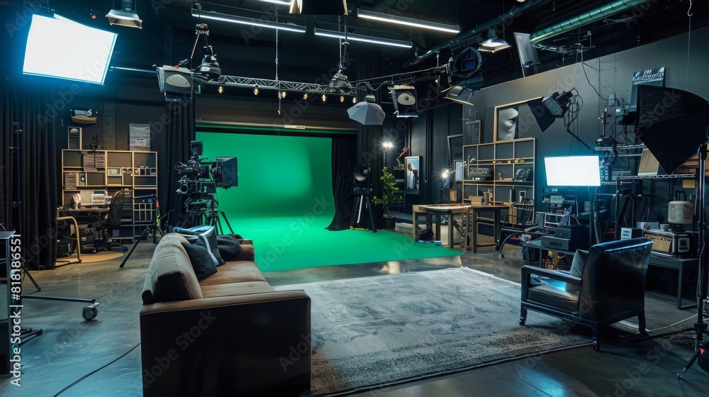 A well-equipped video production studio with a green screen setup, various lighting equipment, cameras, and comfortable seating.