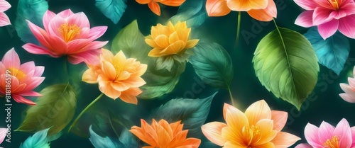 A vibrant digital artwork of lotus flowers in shades of pink and orange with lush green leaves against a dark background.