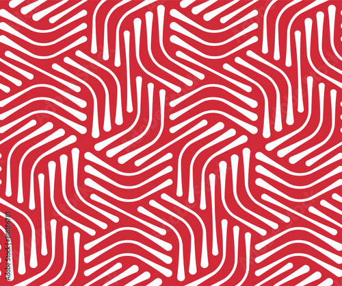 Seamless repeating pattern with striped white hexagons on a red color background. Modern elegant bicolor style. Thin curved lines. Abstract geometric vector illustration. photo