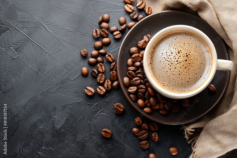 Cup of coffee with scattered coffee beans on dark textured surface. Flat lay food photography. Coffee break and beverage concept. Design for poster and greeting card. Top view Cup of coffee with scattered coffee beans on dark textured surface. Flat lay food photography. Coffee break and beverage concept. Design for poster and greeting card. Top view