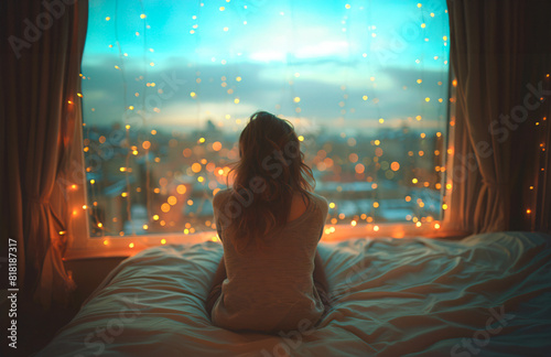 A rear view of woman is sitting on a bed with a view of the city. Cityscape Bedroom View