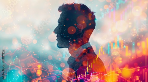 A businessman's silhouette filled with colorful stock charts and market lines, creating a stylish double exposure effect