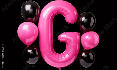 Letter G pink balloon with black balloons on a black background. 3D Rendering