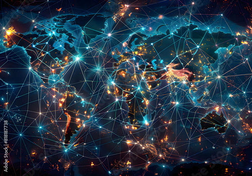 Develop a visual representation of the world map transformed into a dynamic trade grid, symbolizing the interconnected nature of international commerce 