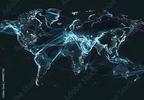 Develop a visual representation of the world map transformed into a dynamic trade grid, symbolizing the interconnected nature of international commerce 