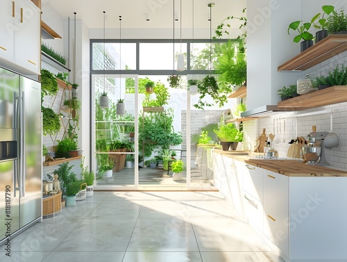 Expansive OpenLayout Kitchen Basking in Afternoon Sun A Minimalist Design Haven with Greenery and photo