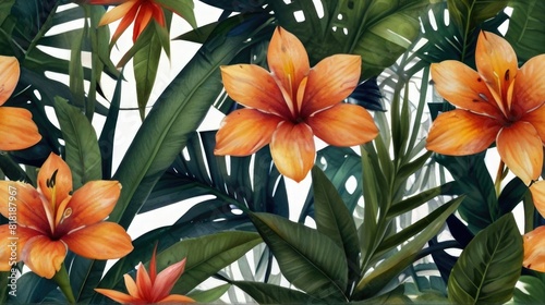 Watercolor drawing of tropical flowers and leaves.