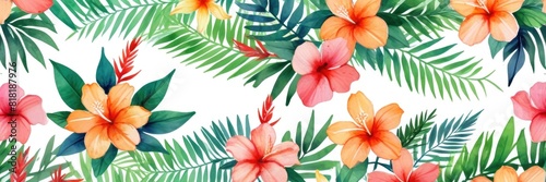 Watercolor drawing of tropical flowers and leaves.