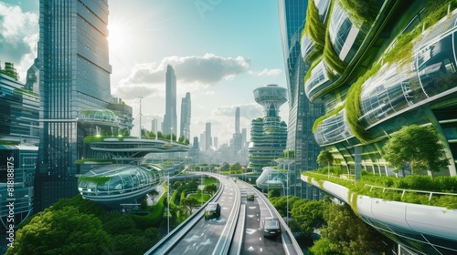 A vehicle navigates a thoroughfare surrounded by futuristic skyscrapers  illuminated by automotive lighting  with plants and trees lining the asphalt. AIG41