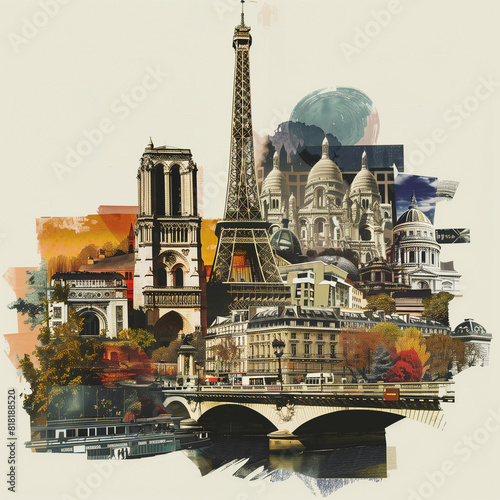 A digital collage featuring iconic landmarks of Paris such as the Eiffel Tower, and Notre Dame Cathedral, in the style of vintage travel posters with muted colors and soft brush strokes. photo