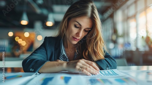 A businesswoman reviewing financial reports  overlaid with graphs and charts of budgeting and investment data