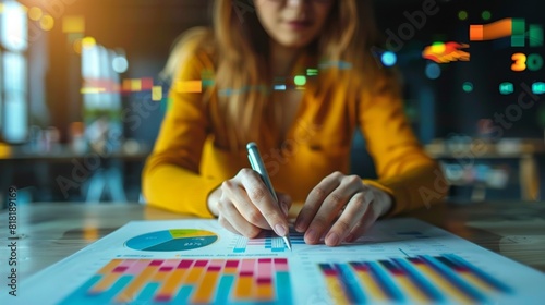 A businesswoman reviewing financial reports, overlaid with graphs, charts, and research data
