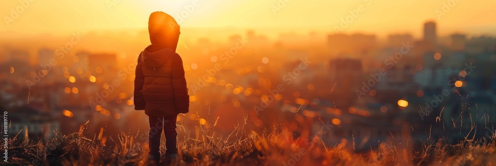 Lonely Child Looks at the City from Hill, Sad Small Girl at Sunset, Blurred Background, Copy Space Lonely Child Looks at the City from Hill, Sad Small Girl at Sunset, Blurred Background, Copy Space
