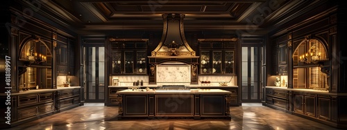 Luxurious Modern French Kitchen with Custombuilt Cabinetry and Ornate Range Hood at Late Afternoon