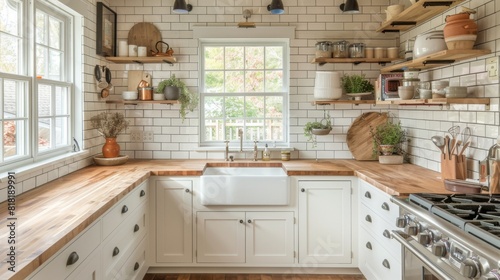 A contemporary kitchen with open shelving, butcher block countertops, and a farmhouse sink photo
