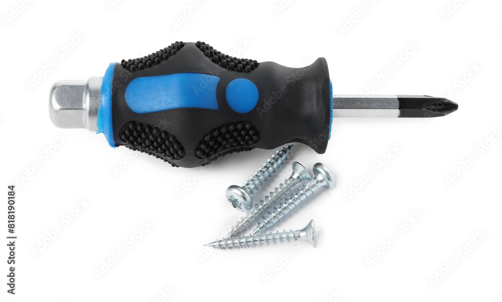 Screwdriver with black handle and screws isolated on white Screwdriver with black handle and screws isolated on white