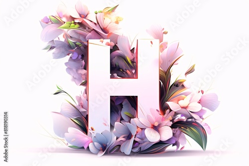 letter h with flowers on white background. 3d render illustration. photo