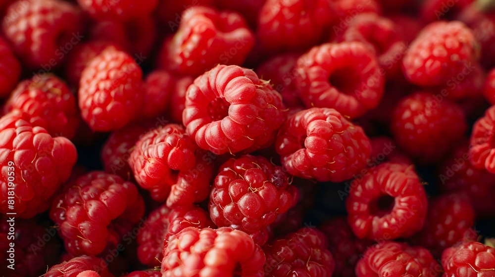 Full frame closeup of fresh ripe red healthy raspberries in pile on stall Full frame closeup of fresh ripe red healthy raspberries in pile on stall