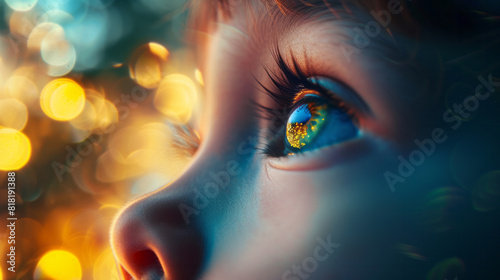 Close up focus on the eyes of a child looking up against blurred lightened background 
