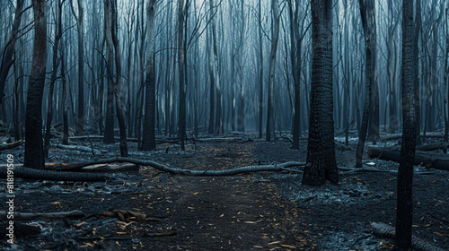 Charred forest, captured in the aftermath of a fire, blackened trees and ashen ground create a stark.
