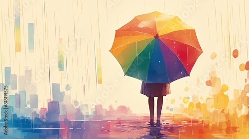 Embracing Diversity  Person Holding Rainbow Umbrella Walking in Rain  Symbolizing Resilience and Strength