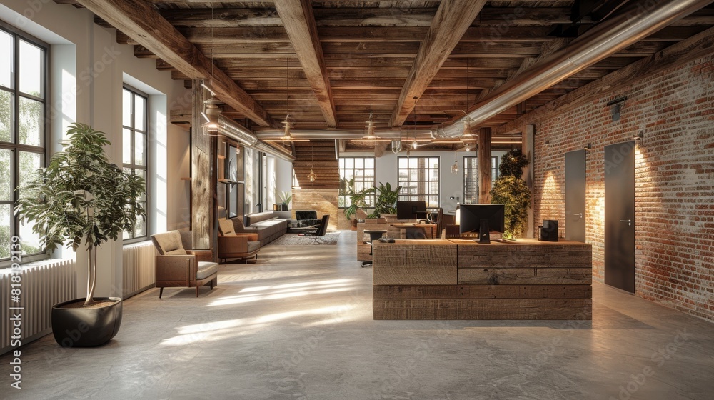Architect's business office interior with a blend of modern and rustic elements, featuring wooden beams and cutting-edge technology