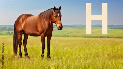 Horse in the meadow with letter H. Rural landscape.