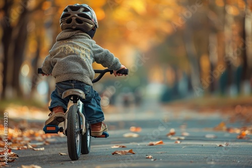 A child learning to ride a bicycle with training wheels