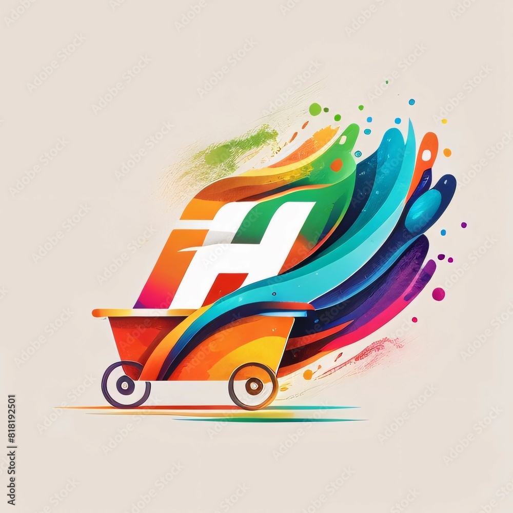 H letter with shopping cart. Colorful abstract background. Vector illustration.