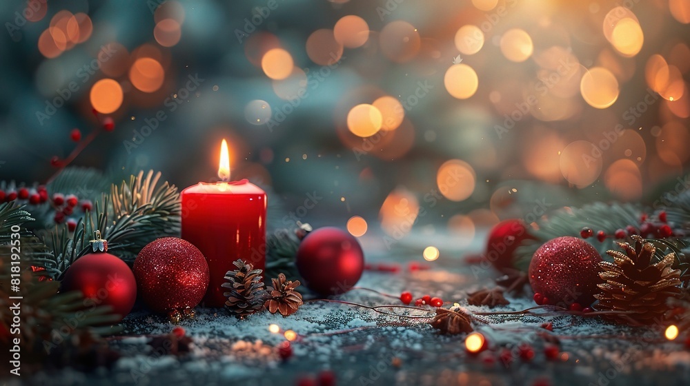 A festively lit Christmas tree with shiny red balls and colorful lights stands in the winter snow A festively lit Christmas tree with shiny red balls and colorful lights stands in the winter snow