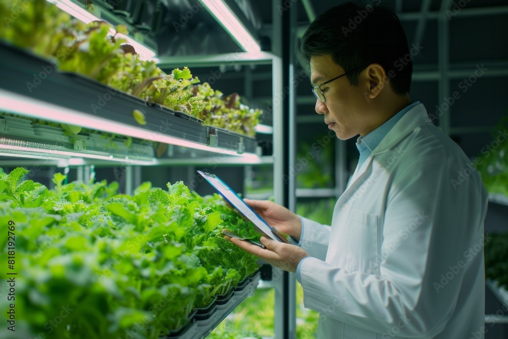 Woman scientist looks at plots of organic hydroponic vegetables being grown in an indoor vertical farm. The concept of analysis, research and development of the future of agriculture Woman scientist looks at plots of organic hydroponic vegetables being grown in an indoor vertical farm. The concept of analysis, research and development of the future of agriculture