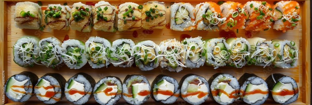 Various Maki Sushi Big Set, Norimaki Rolles Collection on Wooden Plate Top View Various Maki Sushi Big Set, Norimaki Rolles Collection on Wooden Plate Top View