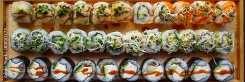 Various Maki Sushi Big Set, Norimaki Rolles Collection on Wooden Plate Top View