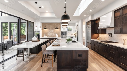 A spacious modern kitchen with a combination of dark and light cabinetry, marble countertops, and a large island photo