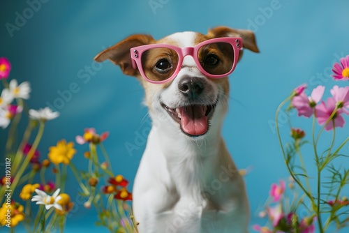 Happy white dog with pink sunglasses in colorful field of flowers on blue background. Cute pet portrait. Fun and vibrant image perfect for spring or summer themed projects. Generative AI © Olsek