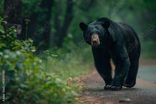 Majestic black bear sauntering down a serene forest path. Wildlife in natural habitat. Serene outdoor scene with wildlife. Generative AI photo