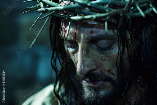 Close-up of a solemn man with crown of thorns, conceptually evoking sacrifice and suffering. Dark and dramatic style, ideal for religious scenes. Intense focus on emotion. Generative AI