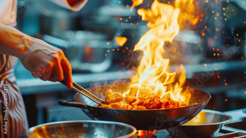 Close-up Professional chef hands cook food with fire in kitchen at restaurant