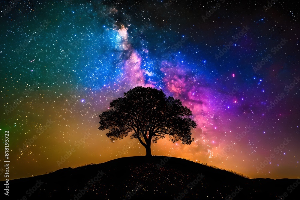 Beautiful night sky with nebula and stars above a lone tree on a hill. Scenic view with colorful shades, perfect for nature themes. Generative AI Beautiful night sky with nebula and stars above a lone tree on a hill. Scenic view with colorful shades, perfect for nature themes. Generative AI
