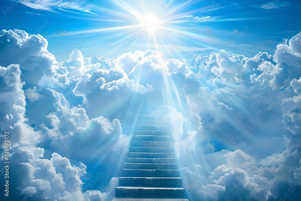 Stairway leading through white fluffy clouds to bright light in deep blue sky. Represents heavenly ascent and divine journey. Ideal for spiritual or inspirational themes. Generative AI