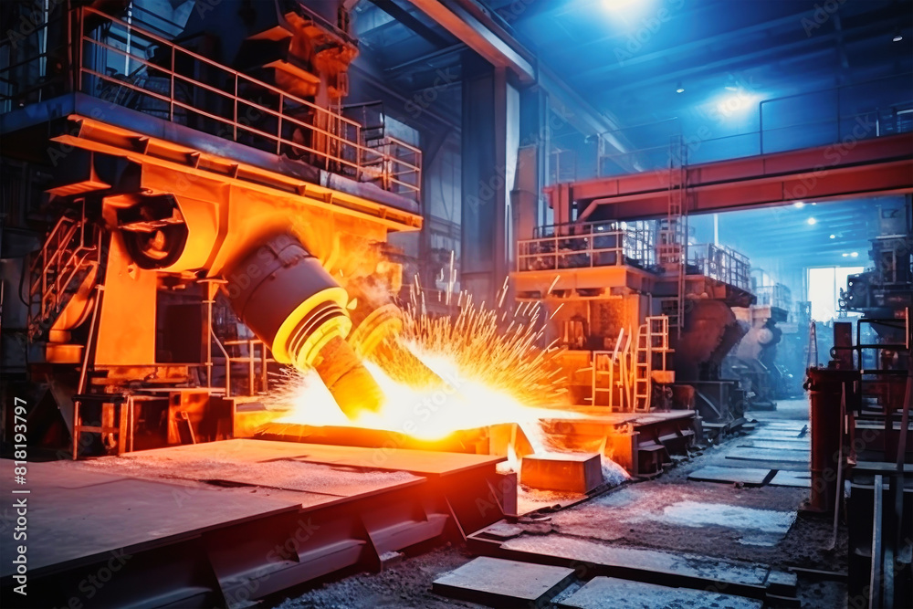 A bustling metallurgical plant with molten steel being poured into molds, creating a fiery and mesmerizing scene of industrial craftsmanship A bustling metallurgical plant with molten steel being poured into molds, creating a fiery and mesmerizing scene of industrial craftsmanship