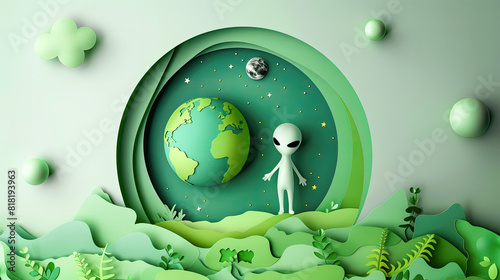 paper cut craft illustration of a cute cartoon alien visiting earth.Generative AI photo