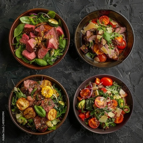 Spicy Salads Set, Salat Collection with Beef Meat and Vegetables Salats Top View, Restaurant Buffet Menu