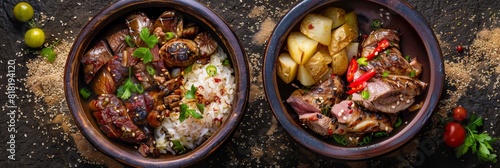 Lyavangi and Jiz-biz, Roasted Quail with Rice and Grilled Liver, Heart and Lungs in Ceramic Bowls photo