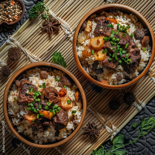 Turshu and Roast Meat, Lamb Pilaf with Dried Fruits, Rice and Herbs on Moss Background, Exquisite Serving photo