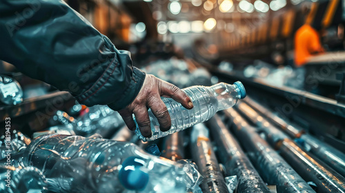 A person sorts plastic bottles on a conveyor belt at a waste recycling plant, taking action to clean up the environment photo